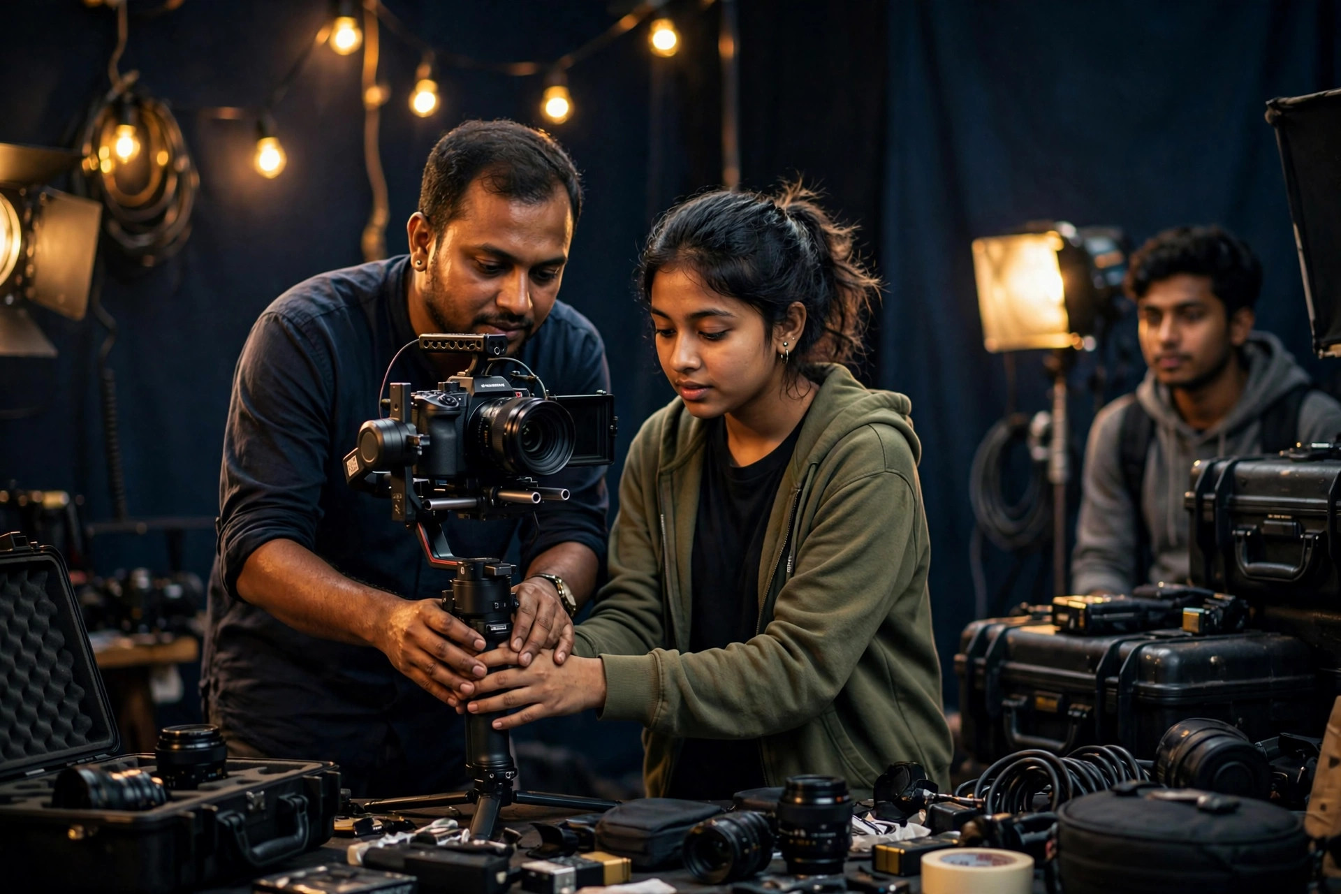 Young filmmakers learning to operate a cinema camera in a DFC workshop